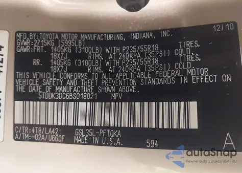 2011 Toyota Sienna Limited z USA, uszkodzony, nr VIN 5TDDK3DC6BS018021